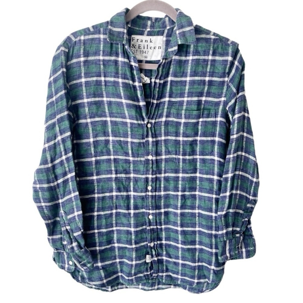 Frank & Eileen Top Women's XS Joedy Green Navy White Tartan Plaid Linen READ